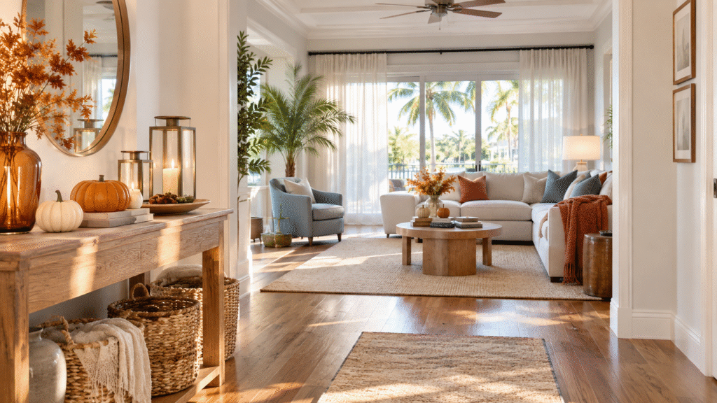 Bright Tampa living room styled for fall cleaning Tampa season with warm decor, pumpkins and soft Florida sunlight