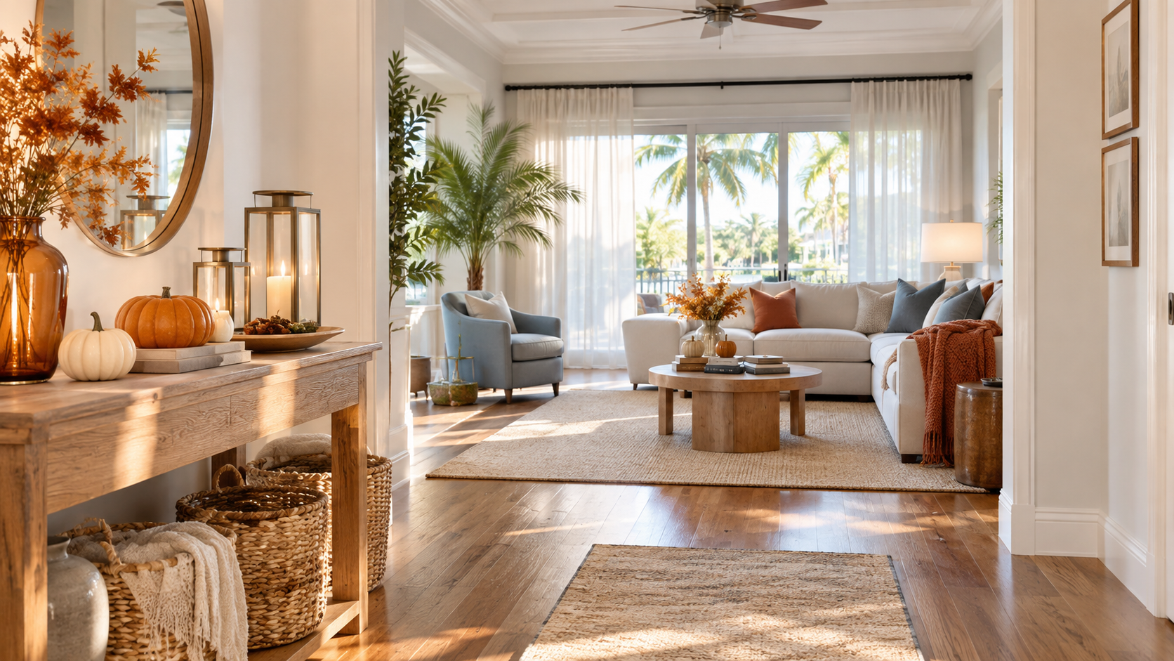 Bright Tampa living room styled for fall cleaning Tampa season with warm decor, pumpkins and soft Florida sunlight