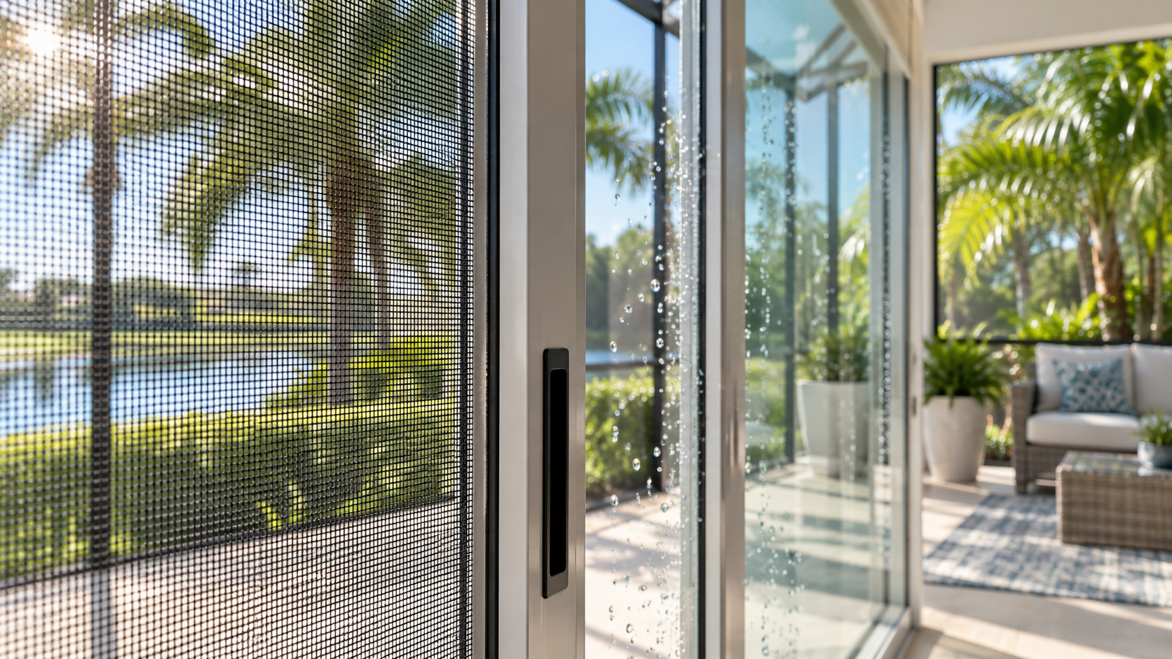 Close-up of freshly cleaned window screens and sparkling sliding glass door opening onto a lanai in a Tampa home