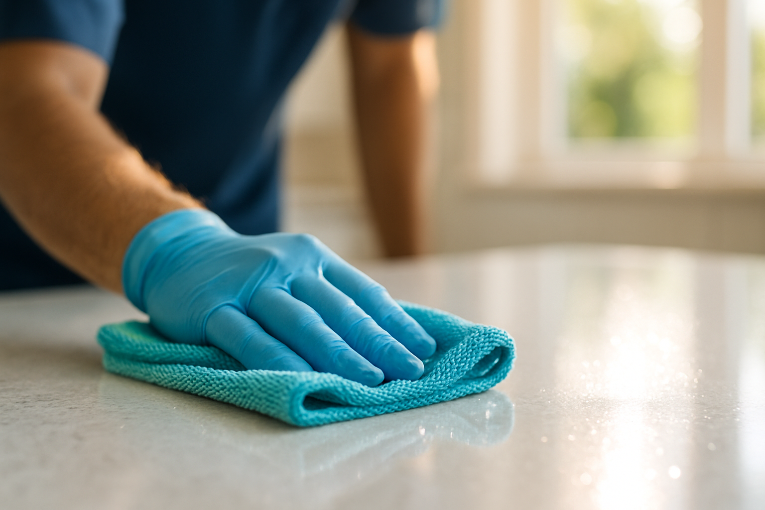 Close-up of a professional cleaner wiping a kitchen counter during a standard housekeeping visit in a Tampa Bay home