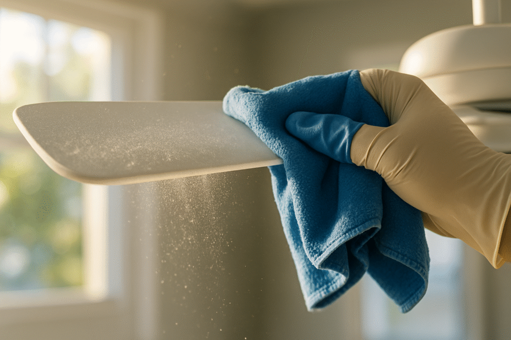 FG7 Cleaning professional wiping ceiling fan blade during thorough cleaning Tampa home service, dust particles falling in sunlight