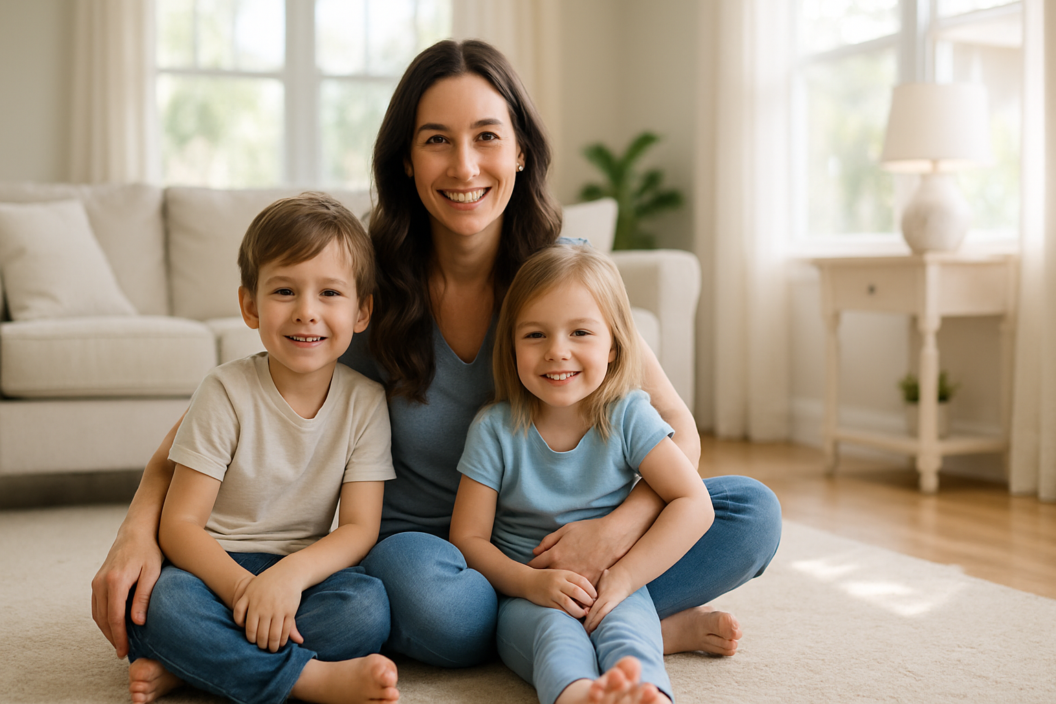 Happy family relaxing in a spotlessly clean living room in a Tampa-area home maintained by a professional cleaning service