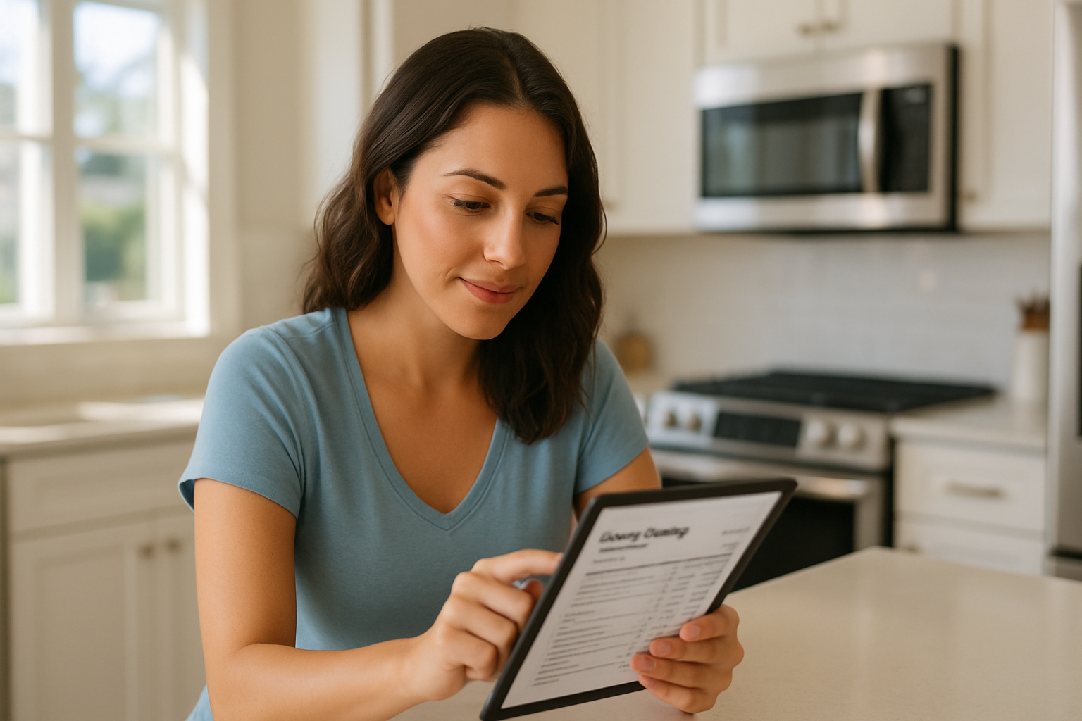 Tampa homeowner reviewing an itemized deep cleaning cost estimate on a tablet in a bright Florida kitchen