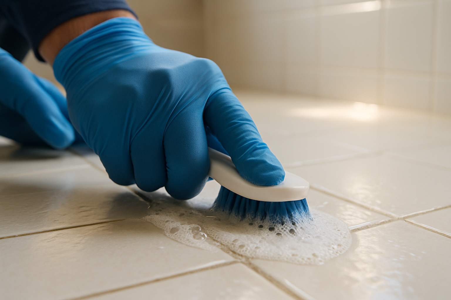 Close-up of a cleaning technician scrubbing bathroom tile grout during a deep cleaning service in a Tampa home