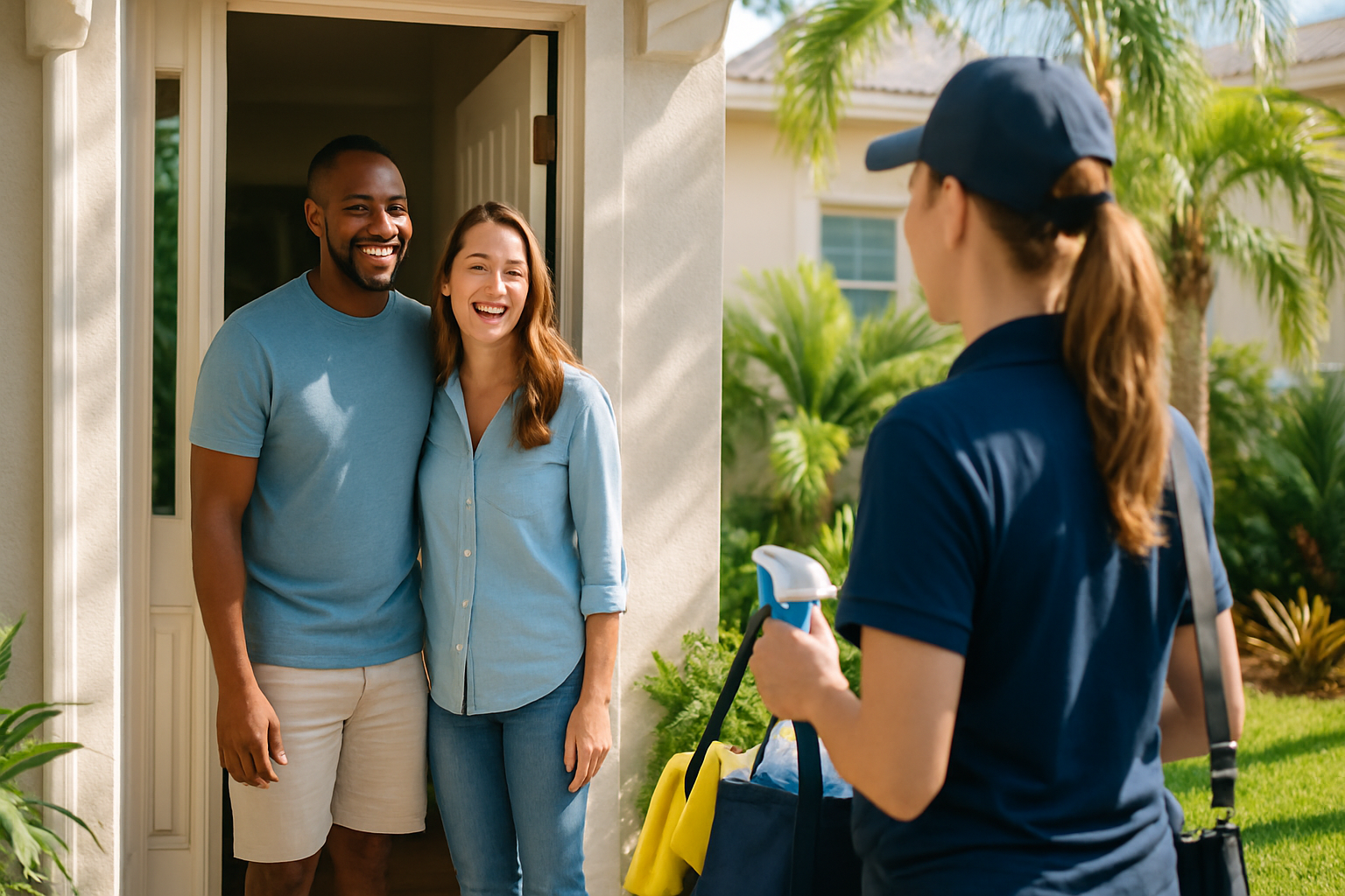 Tampa homeowners welcoming a professional cleaning crew at the front door of their Florida home on a sunny day