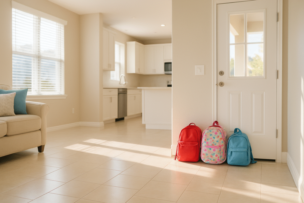Bright freshly cleaned Wesley Chapel family home interior with kids' backpacks by the door — Tampa house cleaning Wesley Chapel