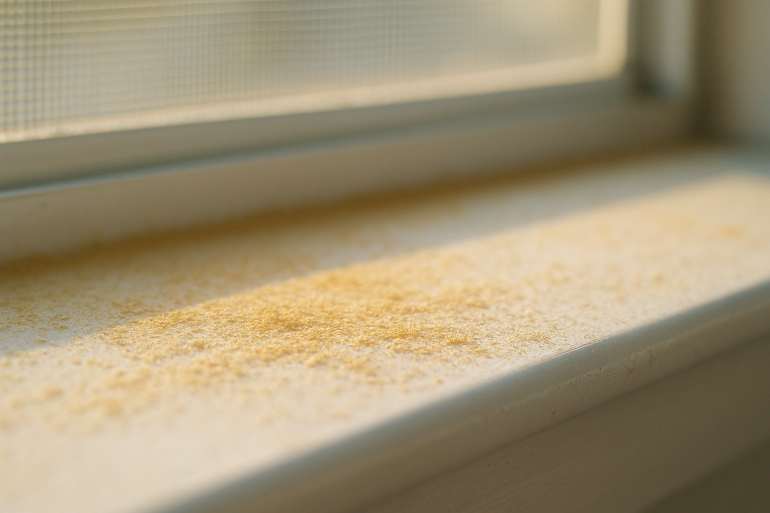 Close-up of pollen and construction dust on a window sill in a Tampa Bay area home, highlighting why regular cleaning matters in Wesley Chapel
