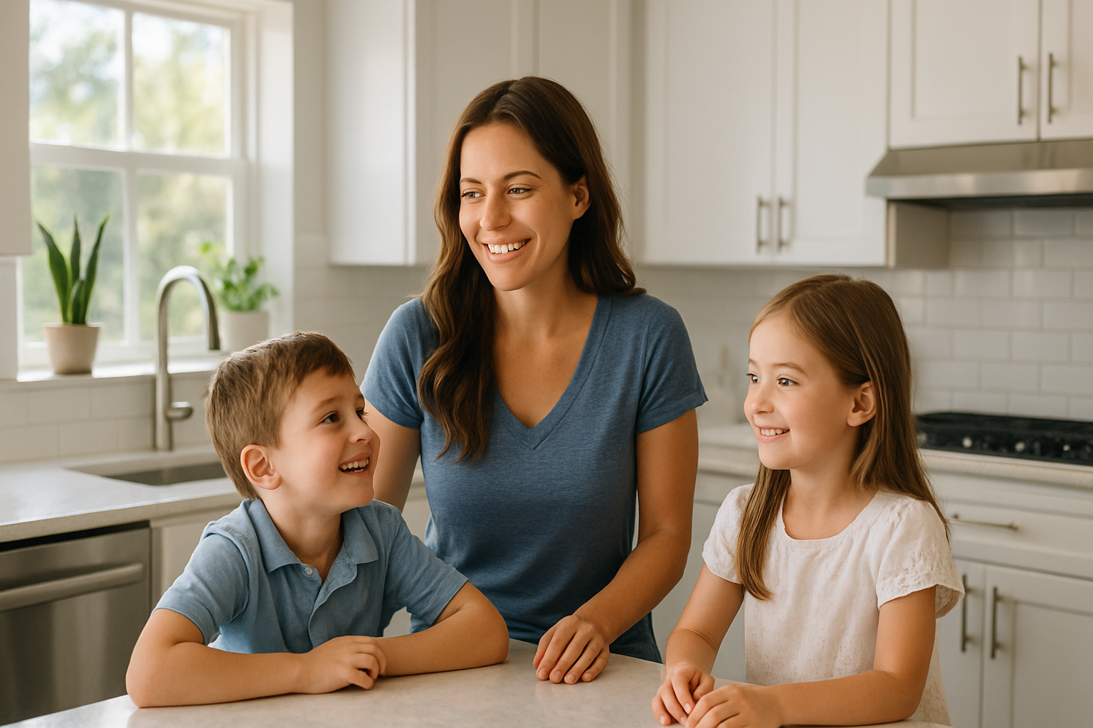 Young family enjoying a freshly cleaned kitchen in their Wesley Chapel home, reflecting the benefits of professional Tampa Bay house cleaning