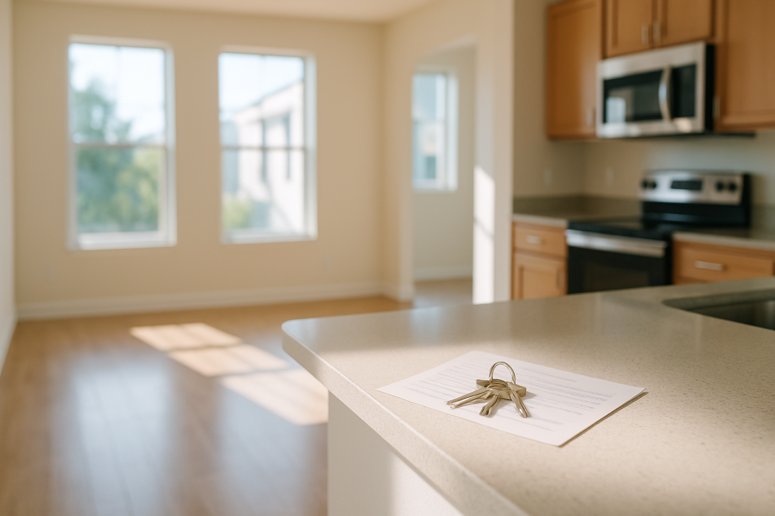 Empty Tampa apartment after move-out cleaning with keys and deposit paperwork on a spotless kitchen counter — move out cleaning cost Tampa