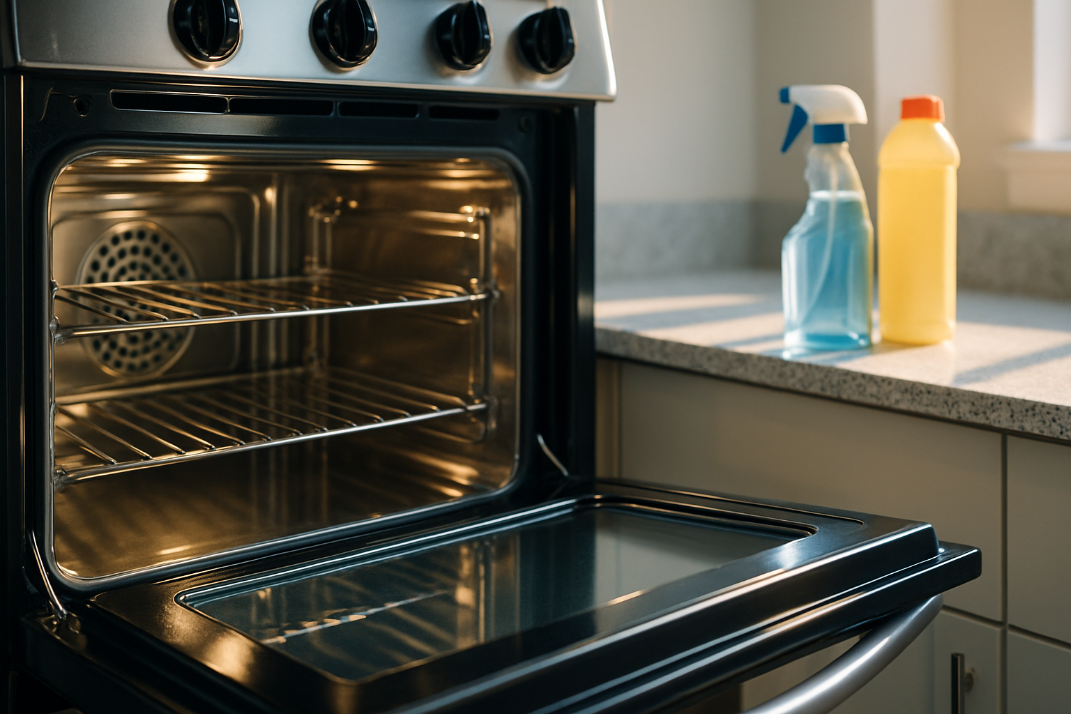 Close-up of a spotless oven interior and stovetop in a Tampa rental unit after professional move-out cleaning