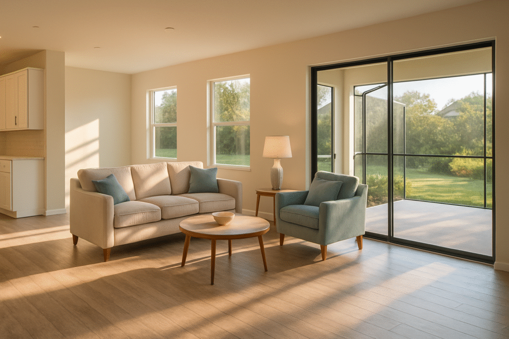 Freshly cleaned open-plan living room in a new Riverview Tampa Bay home showcasing house cleaning Riverview FL results in bright afternoon light