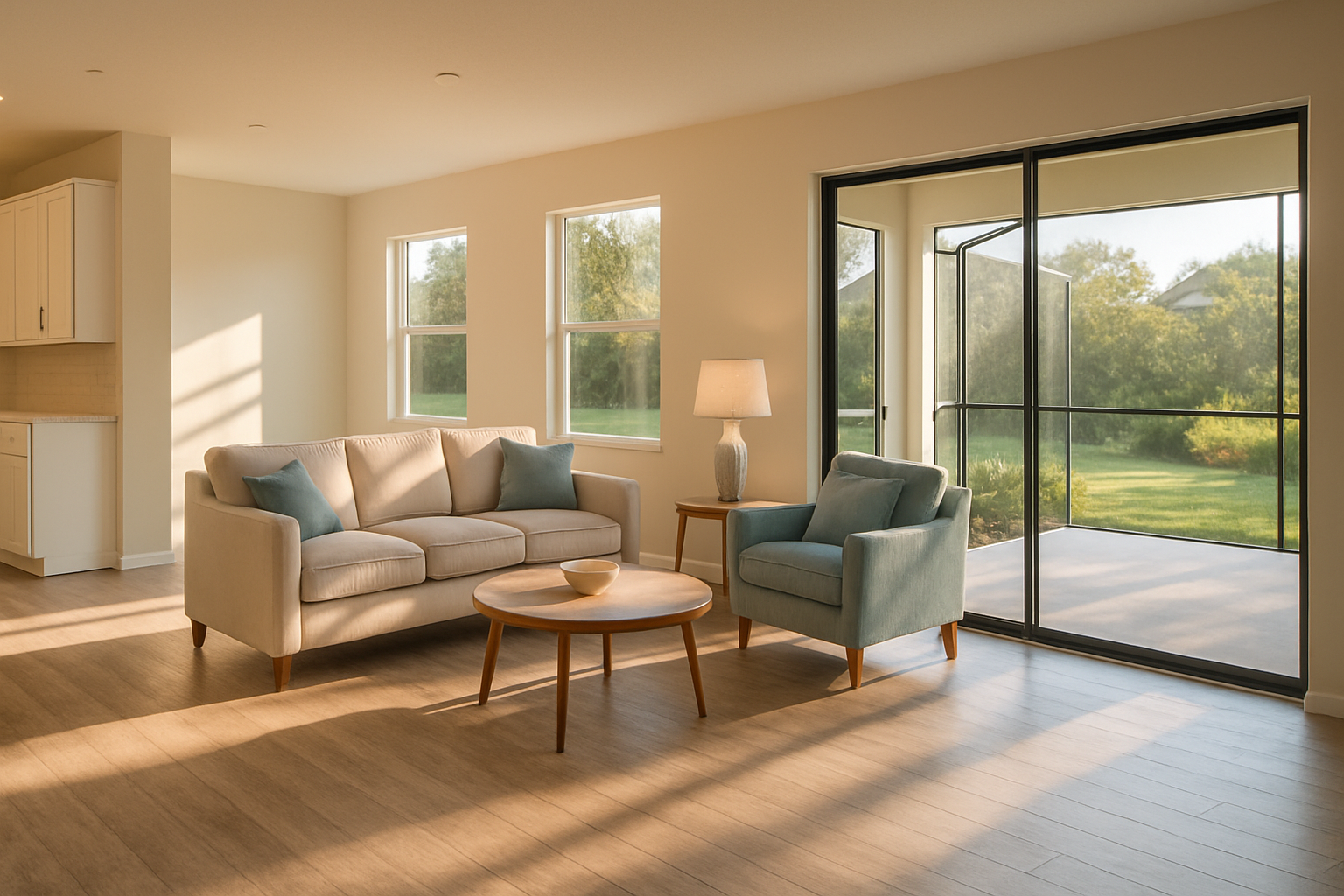 Freshly cleaned open-plan living room in a new Riverview Tampa Bay home showcasing house cleaning Riverview FL results in bright afternoon light