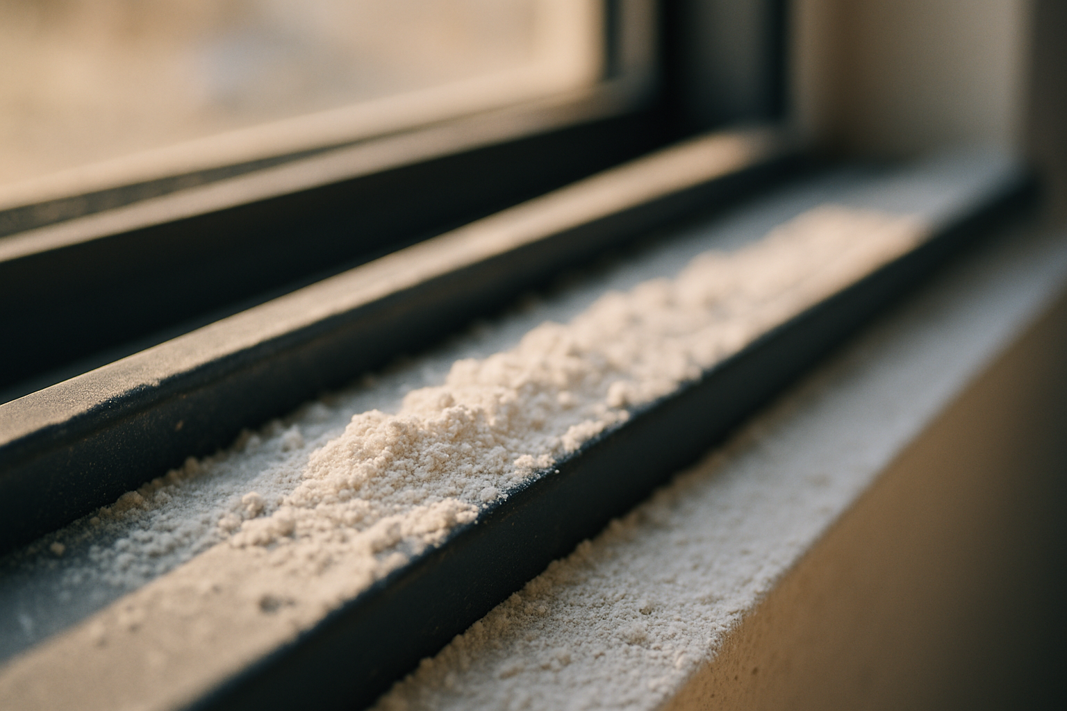 Close-up of fine post-construction dust in a window track inside a new Tampa Bay area home requiring professional deep cleaning