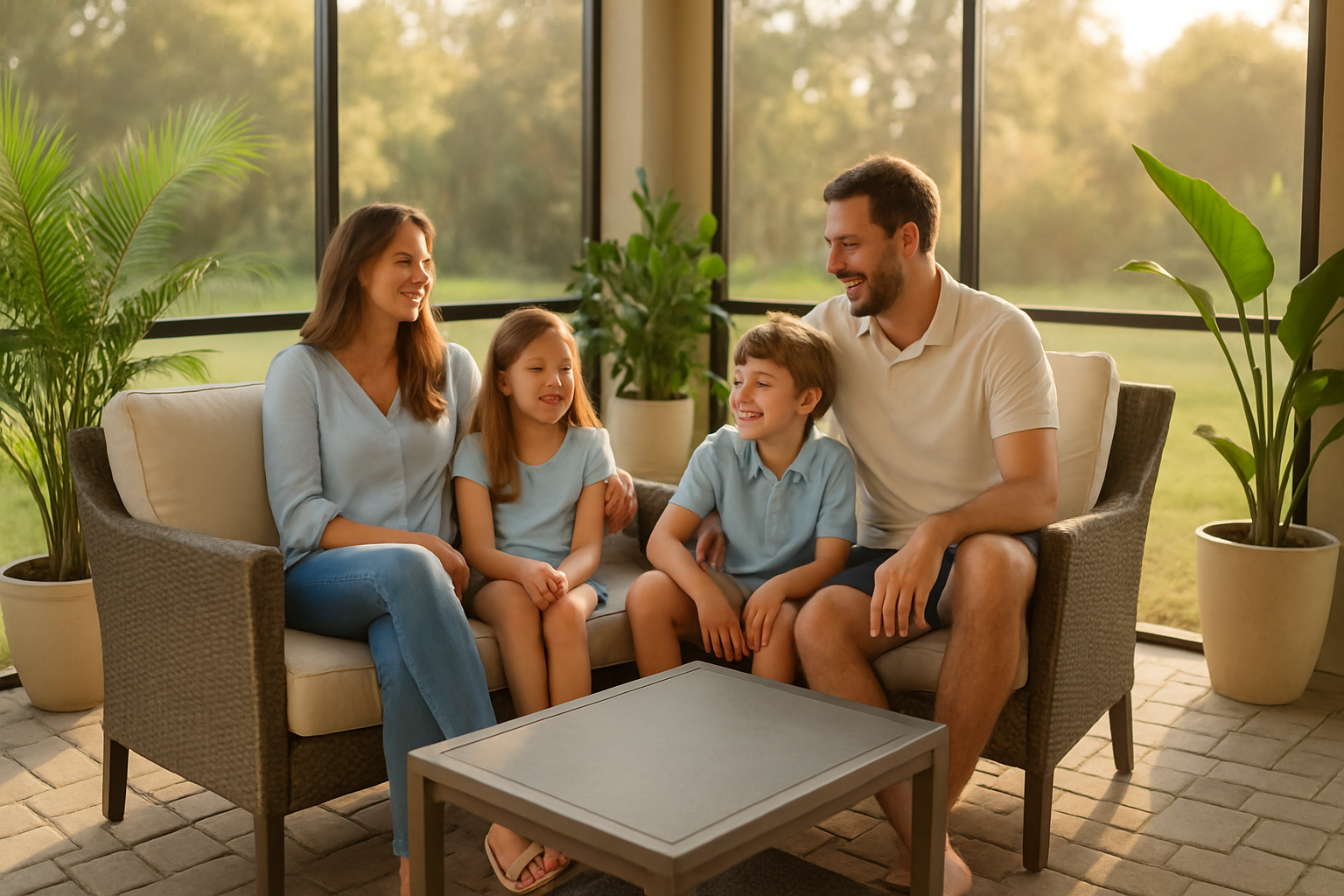Family enjoying a spotlessly clean screened lanai in a new-construction Riverview Florida home after professional cleaning service