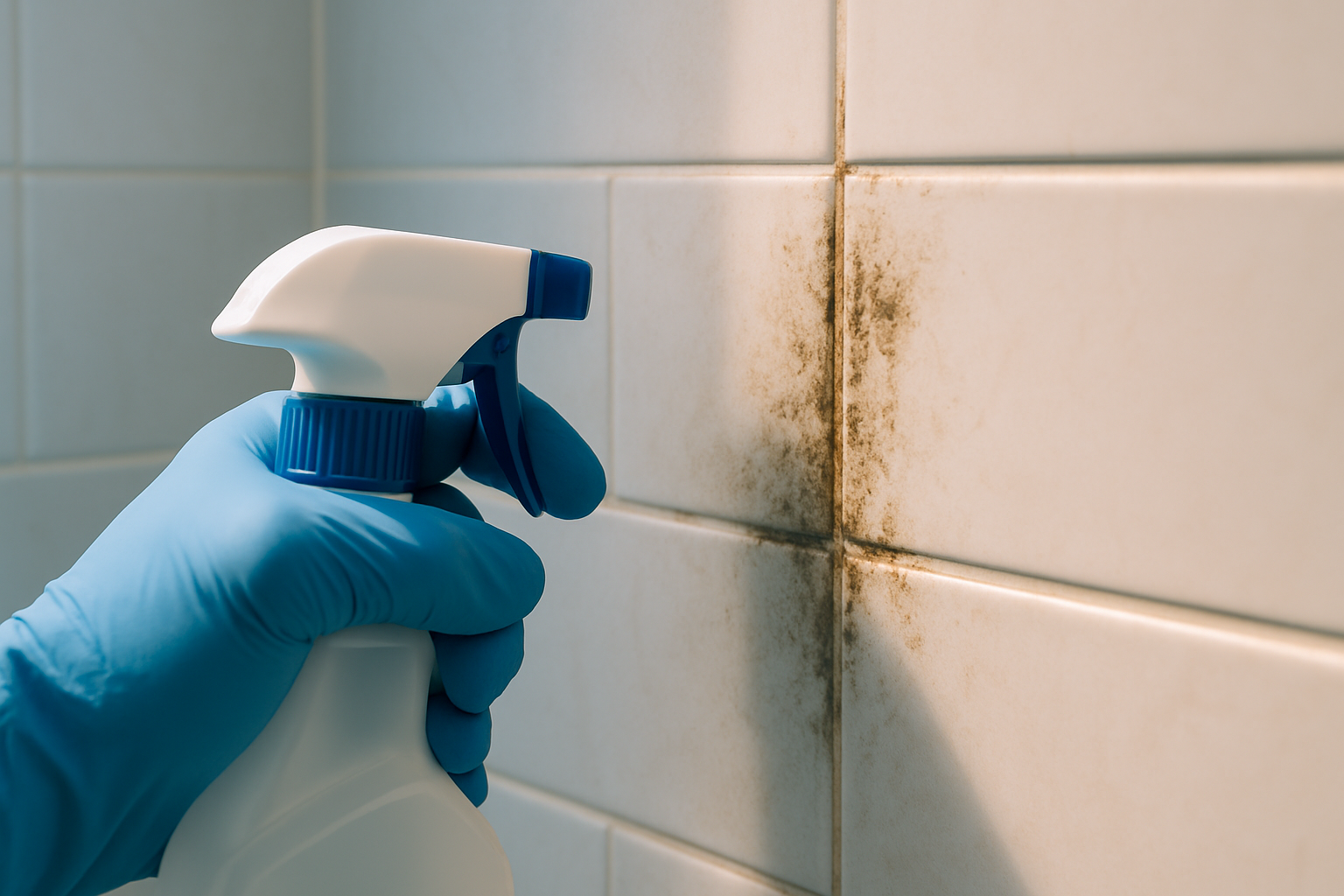 Close-up of a gloved cleaner treating surface mildew on a bathroom tile wall — standard cleaning scope in a Tampa home