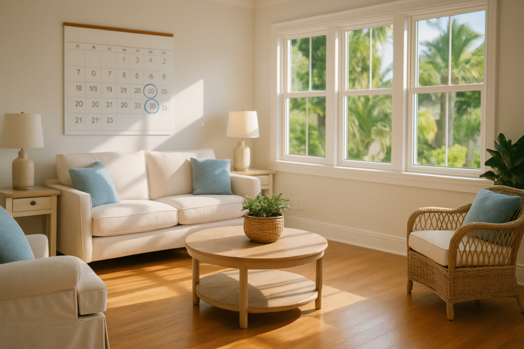 Biweekly house cleaning cost Tampa — calendar with cleaning dates circled beside a spotless Tampa Bay living room