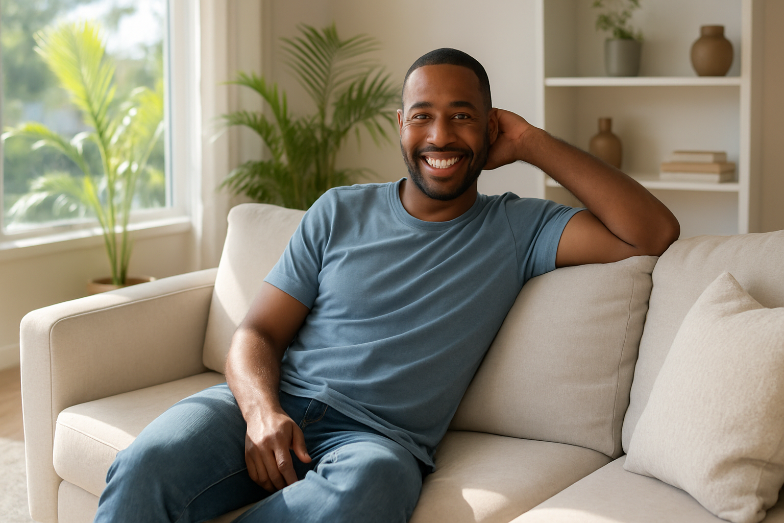 Tampa homeowner relaxing in a freshly cleaned living room after a biweekly house cleaning service