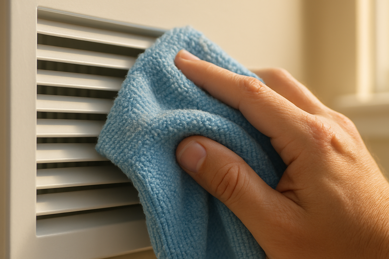 Close-up of a dirty AC vent being cleaned with a microfiber cloth during a Tampa home fall cleaning session