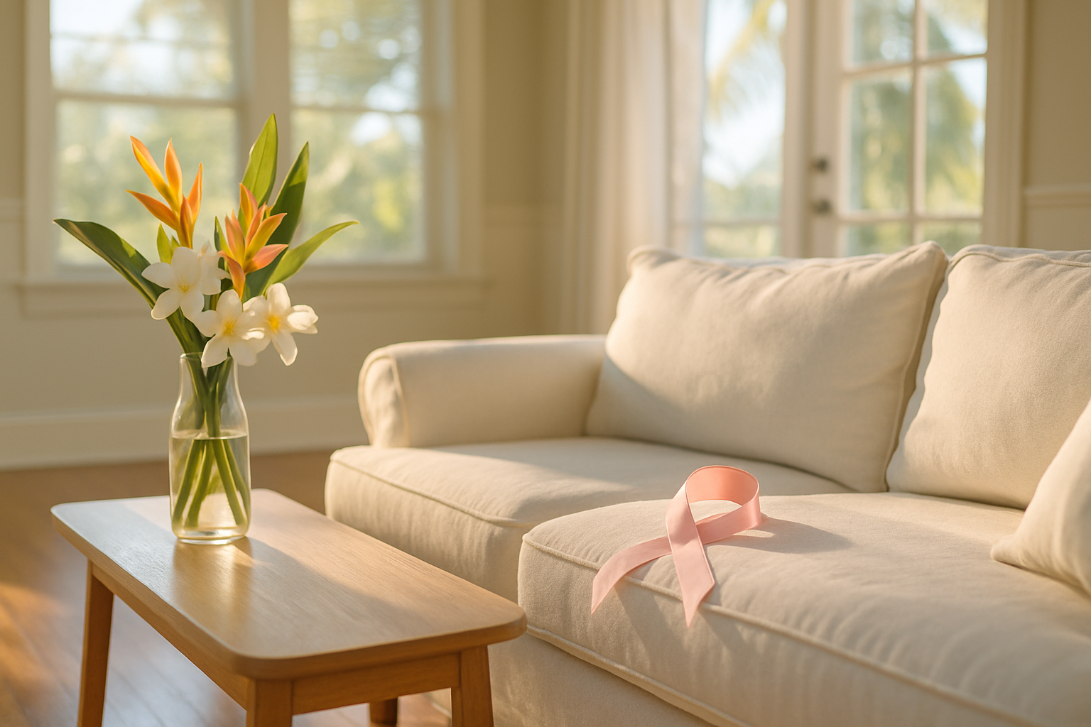 Soft pink breast cancer awareness ribbon on a freshly cleaned Tampa living room sofa — supporting cleaning for cancer patients Tampa