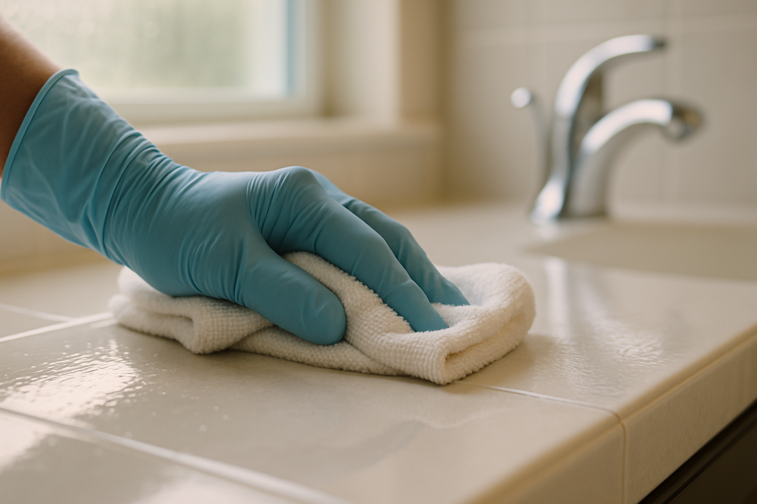 Close-up of a microfiber cloth sanitizing a bathroom countertop in a Tampa home, representing safe cleaning for immunocompromised patients