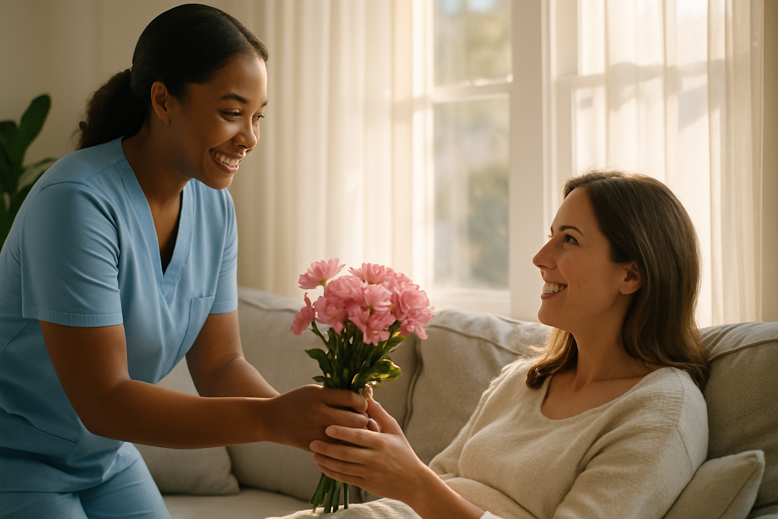 A caregiver presenting pink flowers to a cancer patient resting in a clean, bright Tampa Bay living room, symbolizing community care and support