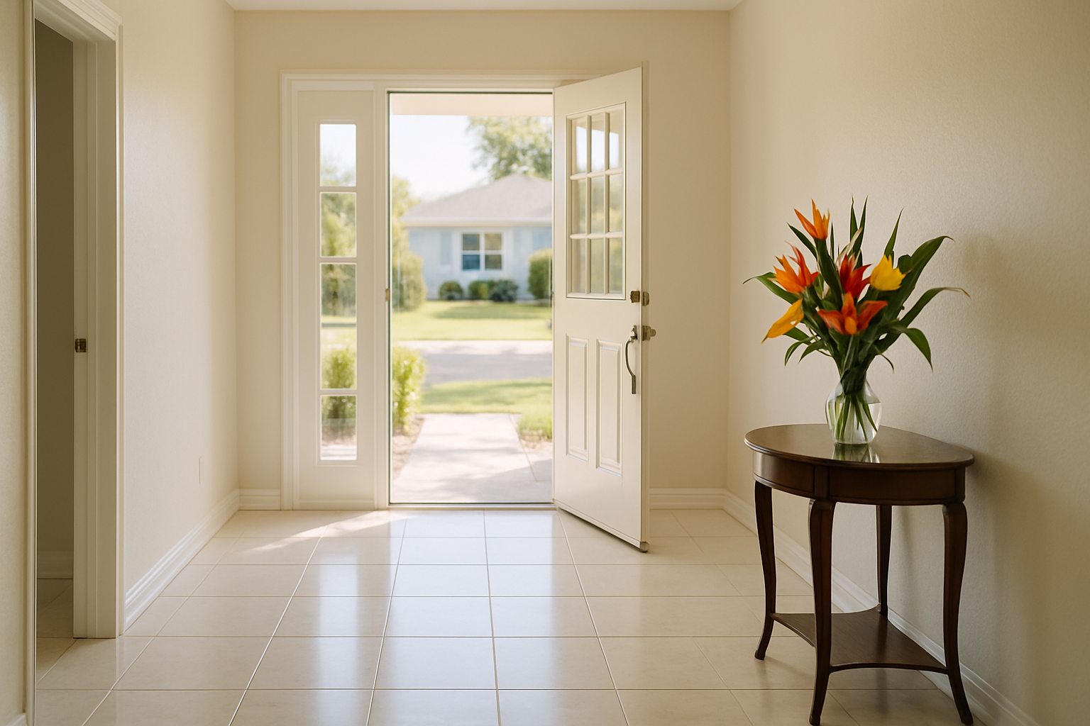 Clean Pinellas Park home entryway with gleaming tile floors and fresh flowers — Tampa cleaning services by FG7