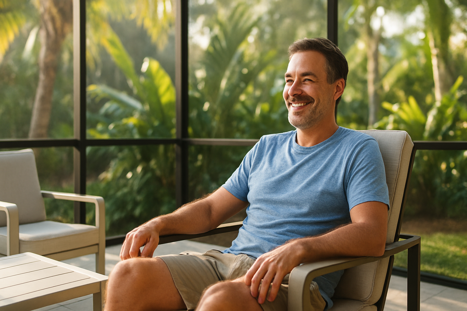Tampa homeowner relaxing on a freshly cleaned screened lanai porch with bright natural light and tropical views