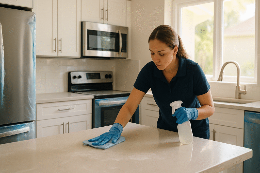 Professional cleaner wiping down a newly renovated Tampa kitchen after construction — post construction cleaning cost Tampa Bay guide
