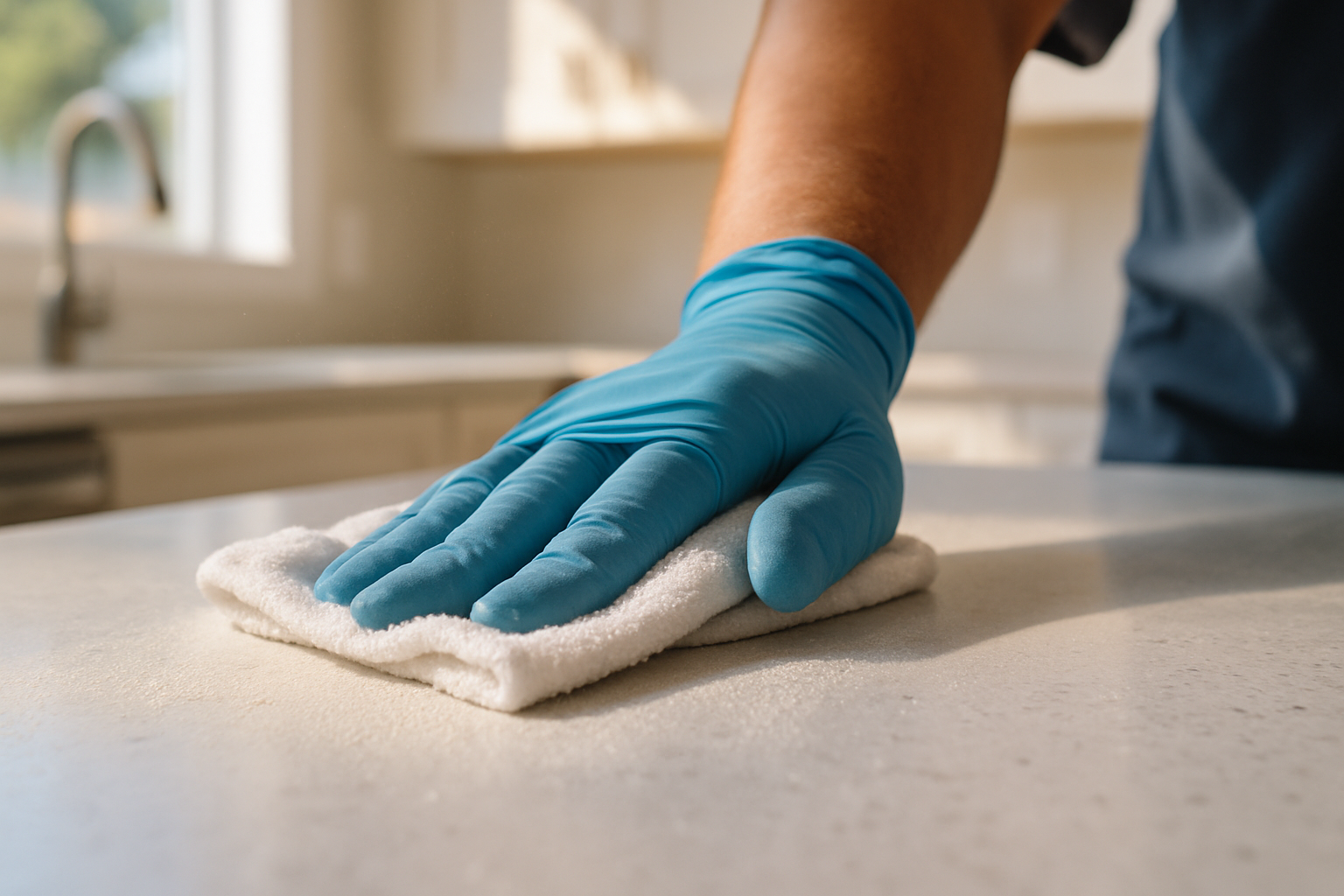 Close-up of a gloved hand removing drywall dust from a quartz countertop during a post-construction clean in Tampa Bay
