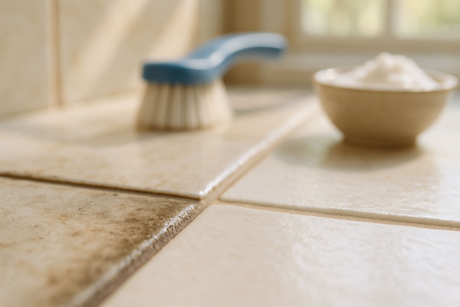 Close-up macro detail of mildew-stained versus freshly cleaned bathroom grout lines with oxygen bleach paste and a scrub brush in a Tampa bathroom