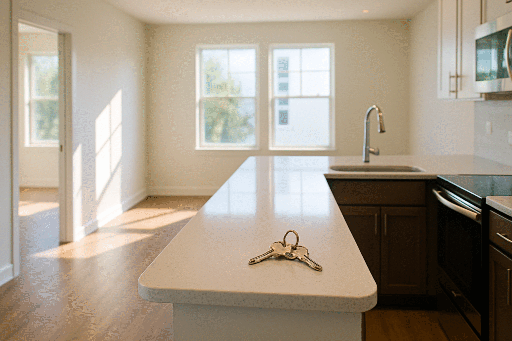 Empty Tampa Bay apartment after move out cleaning St Petersburg with keys on a spotless kitchen counter
