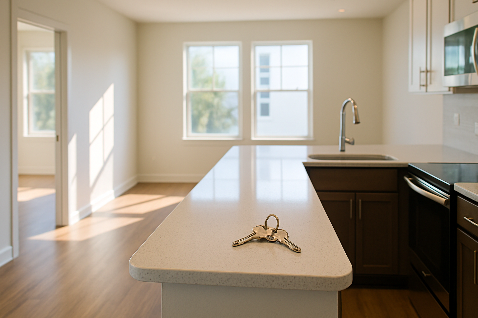 Empty Tampa Bay apartment after move out cleaning St Petersburg with keys on a spotless kitchen counter