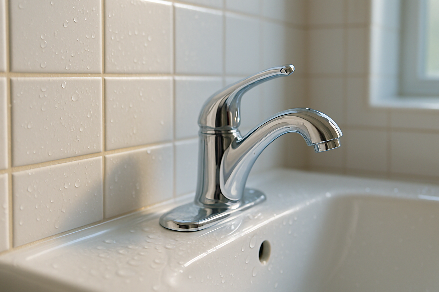 Close-up of freshly scrubbed bathroom tile grout and gleaming chrome faucet in a Tampa area rental