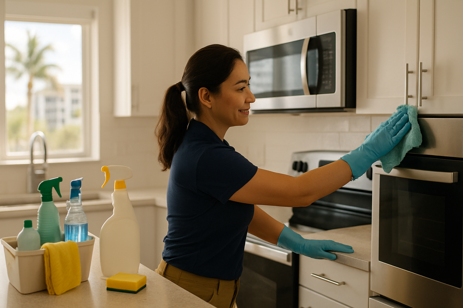 Professional cleaner wiping kitchen appliances during a move-out clean in a St. Petersburg Florida apartment