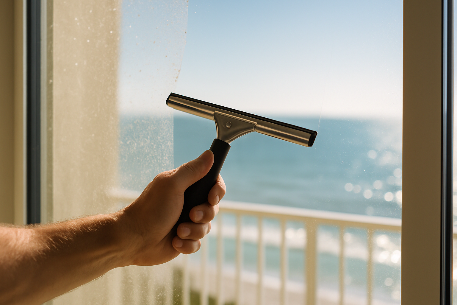 Close-up of squeegee removing salt haze from a sliding glass door in a Tampa Bay beachside condo with Gulf view