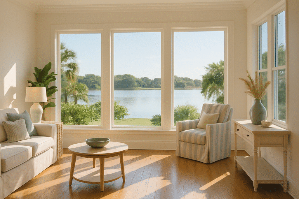 Bright Land O' Lakes Florida home interior with lake view through spotless windows — professional house cleaning Land O Lakes by FG7 Cleaning Tampa Bay