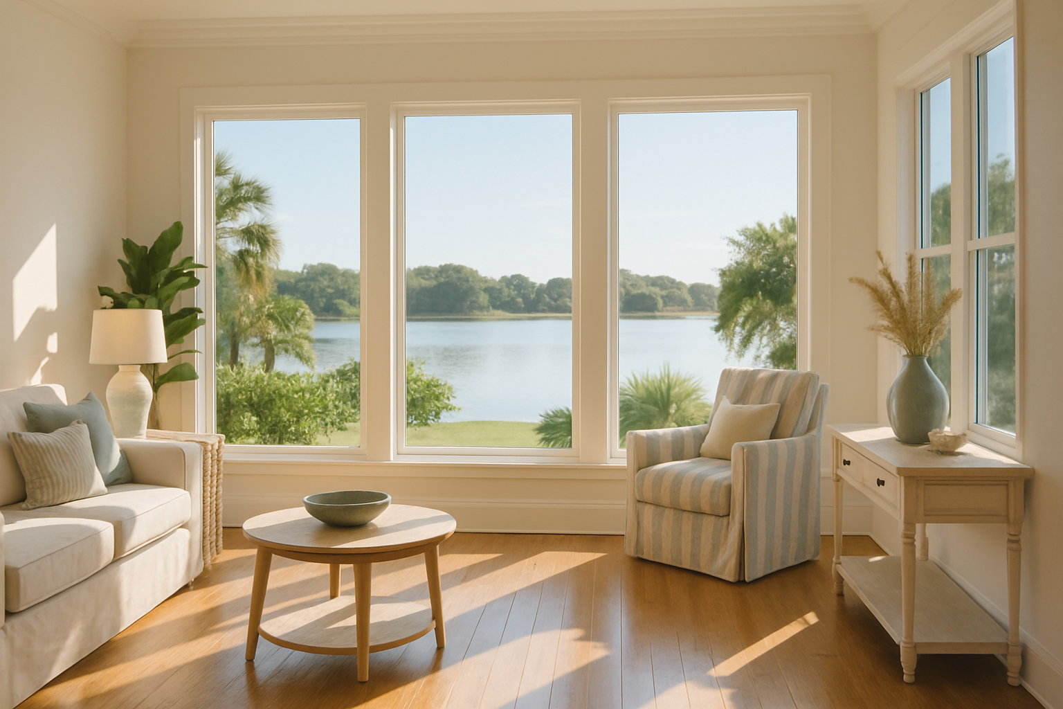 Bright Land O' Lakes Florida home interior with lake view through spotless windows — professional house cleaning Land O Lakes by FG7 Cleaning Tampa Bay