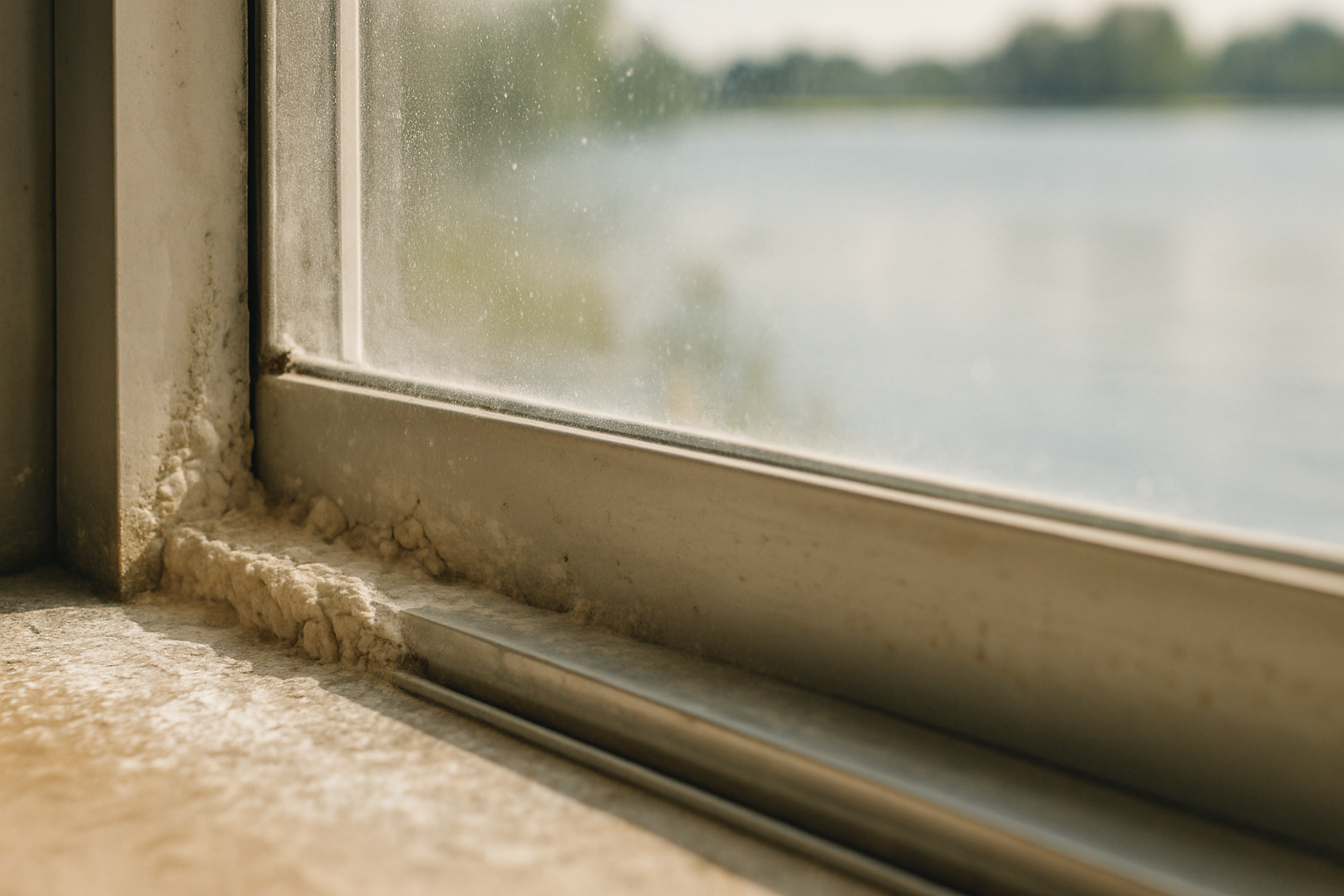 Close-up of mineral deposits on a sliding glass door track in a Tampa-area lake home, showing the buildup that regular professional cleaning addresses