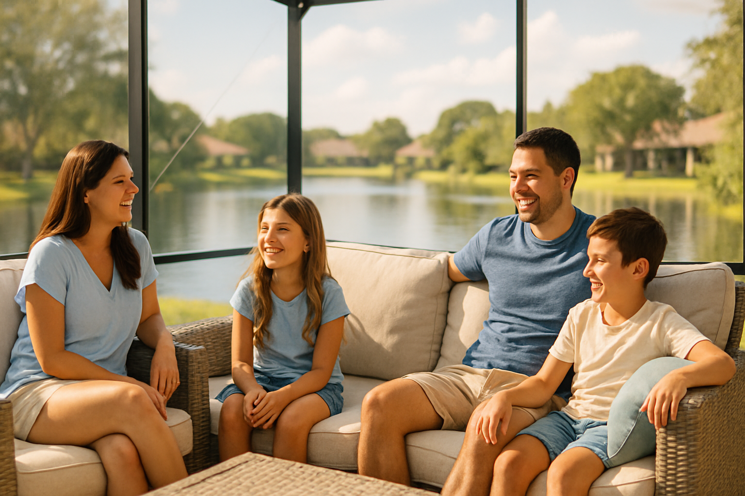 Tampa Bay family relaxing on a clean screened lanai overlooking a lake in Land O' Lakes, enjoying a freshly maintained outdoor living space