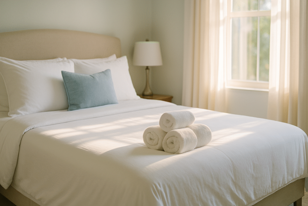 Freshly made Airbnb bed with folded towels in a Tampa short-term rental illustrating typical Airbnb cleaning cost Tampa