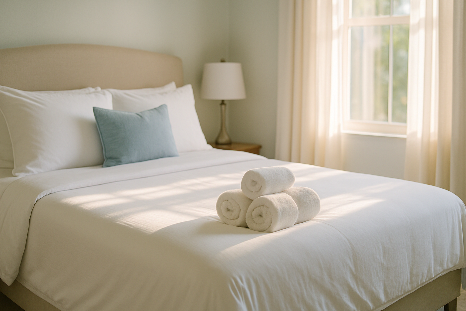 Freshly made Airbnb bed with folded towels in a Tampa short-term rental illustrating typical Airbnb cleaning cost Tampa