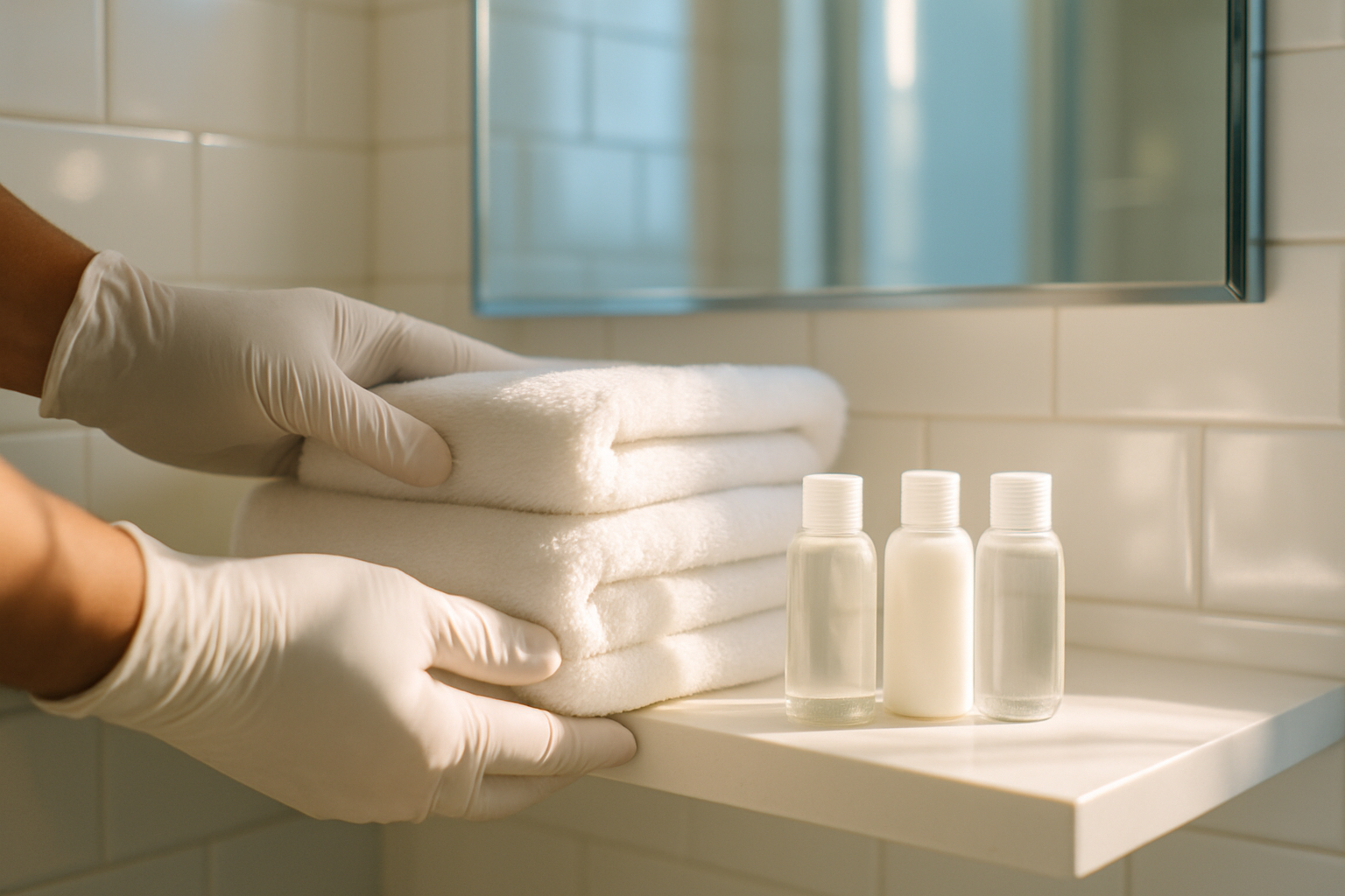 Close-up of fresh towels and toiletries being restocked on a bathroom shelf during an Airbnb turnover clean in Tampa Bay